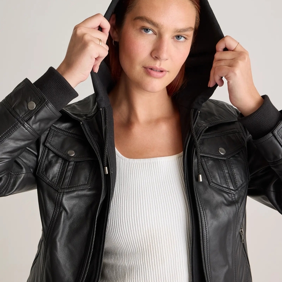 Quince Leather Jacket With Hood Black Medium Genuine Leather - Picture 3 of 12